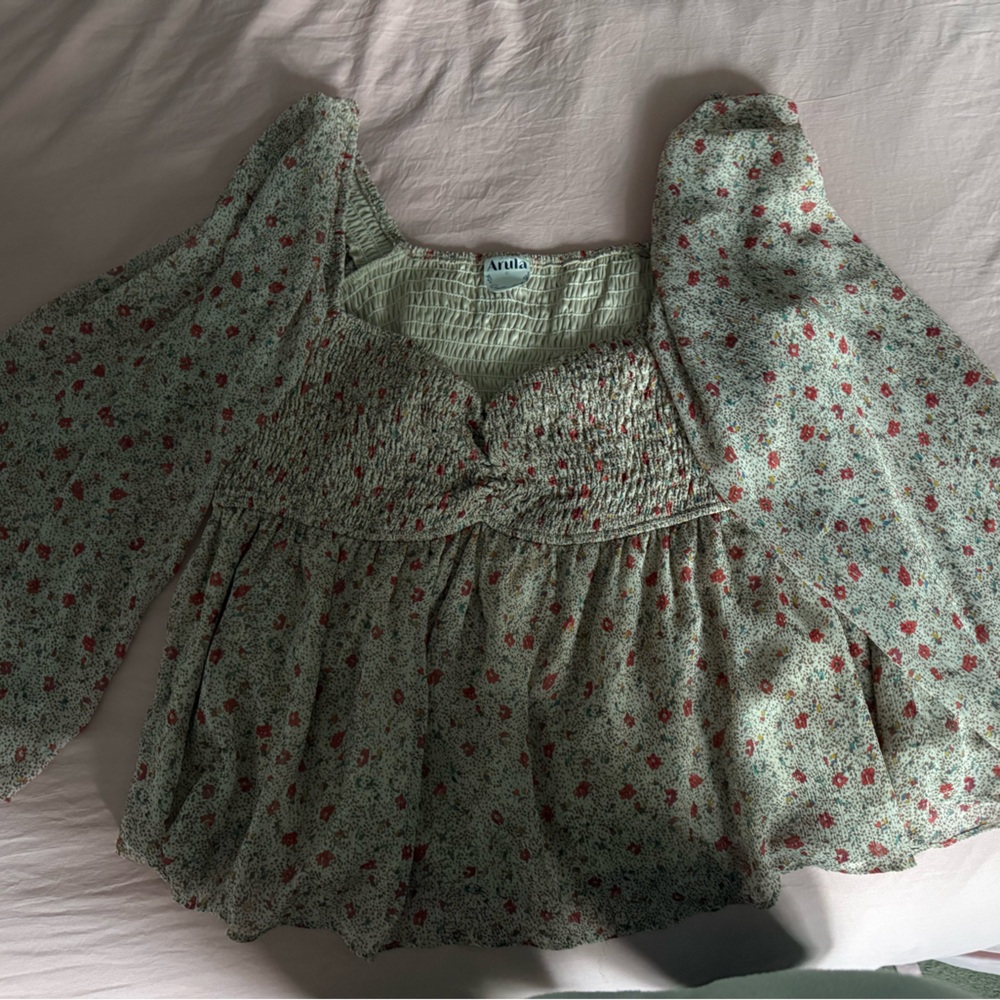 ARULA Floral Blouse with Red and Green Accents